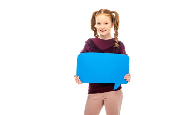 Schoolmeisje Bedrijf Blauwe Tekstballon Glimlachen Kijken Naar Camera Geïsoleerd Wit — Stockfoto