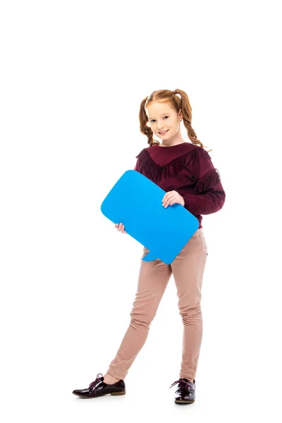 Smiling Schoolgirl Standing Holding Blue Speech Bubble Looking Camera Isolated — Stock Photo, Image