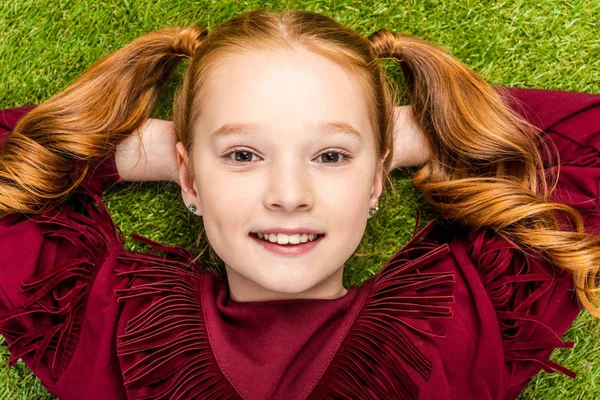 Close View Cute Schoolgirl Lying Lawn Looking Camera — Stock Photo, Image