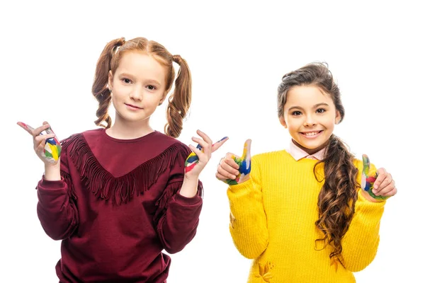 Bonito Alunas Sorrindo Mostrando Mãos Pintadas Tintas Coloridas Olhando Para — Fotografia de Stock