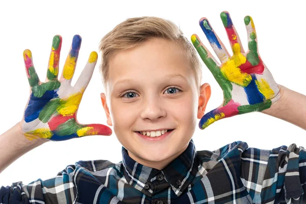 Close View Cute Boy Looking Camera Showing Hands Painted Colorful — Stock Photo, Image