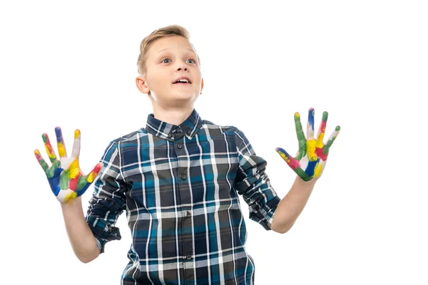 Menino Surpreso Com Mãos Pintadas Tintas Coloridas Isoladas Branco — Fotografia de Stock