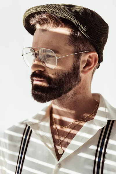 Close View Handsome Bearded Man Glasses Cap Isolated White — Stok Foto