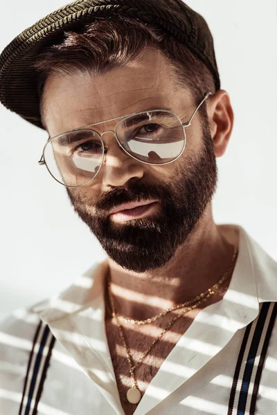 Close View Handsome Bearded Man Glasses Cap Looking Camera White — Stock Photo, Image