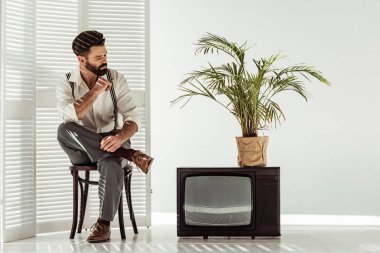yakışıklı adam oda ayıracı ve retro tv yakın sandalyede oturan ve bitki tencerede bakarak sakallı 