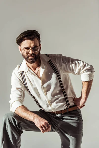 Bearded Stylish Man Cap Looking Camera Isolated Grey — Stock Photo, Image