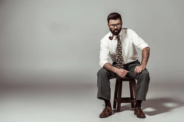 Handsome Bearded Man Glasses Shirt Smoking Pipe — Stock Photo, Image