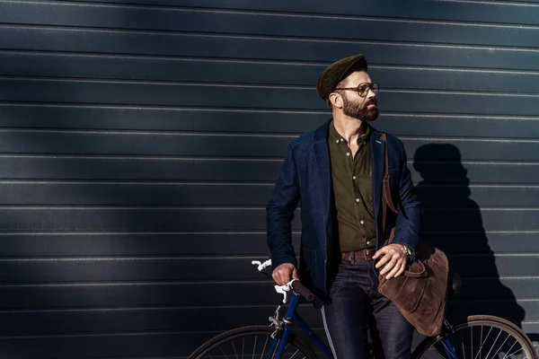 Handsome Bearded Man Glasses Cap Holding Bicycle — Stock Photo, Image