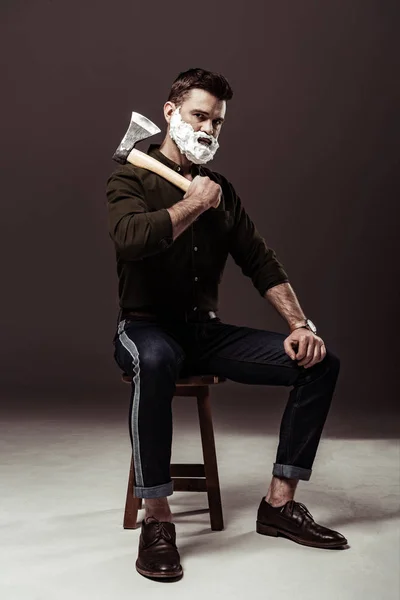 Handsome Bearded Man Sitting Chair Holding — Stock Photo, Image