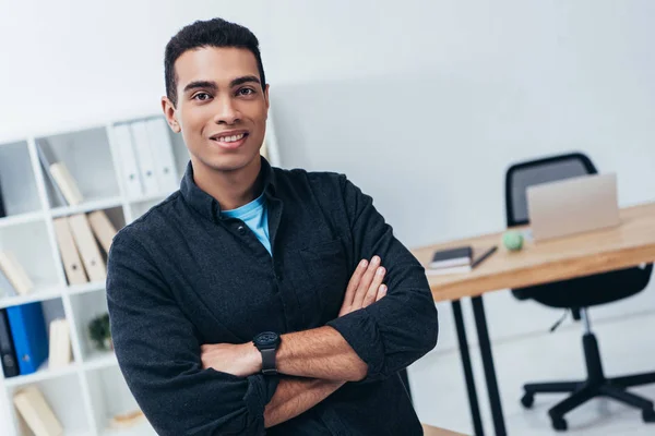 Handsome Young Businessman Standing Crossed Arms Smiling Camera Office — Stock Photo, Image