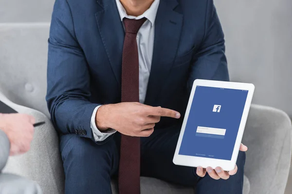 Cropped Shot Businessman Formal Wear Pointing Finger Digital Tablet Facebook — Stock Photo, Image