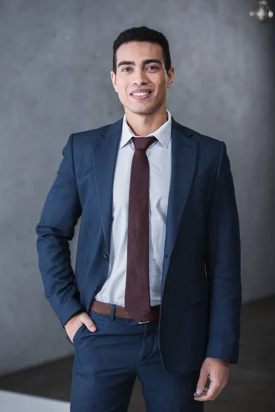 Handsome Young Businessman Standing Hand Pocket Smiling Camera — Stock Photo, Image