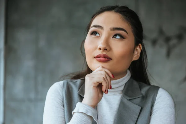 Pensive Young Asian Woman Holding Hand Chin Looking Office — Stock Photo, Image