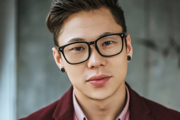 Close Portrait Handsome Young Asian Man Eyeglasses Looking Camera — Stock Photo, Image