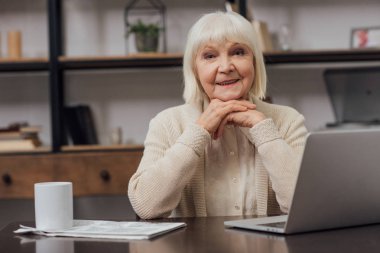laptop ile masada oturan, çene el ile evde yaslanır ve kameraya bakarak gülümseyen kadın kıdemli
