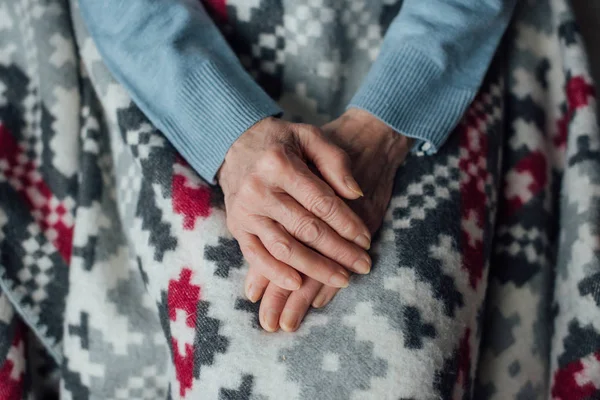 Partial View Senior Woman Sitting Blanket Folded Hands Home — Stock Photo, Image