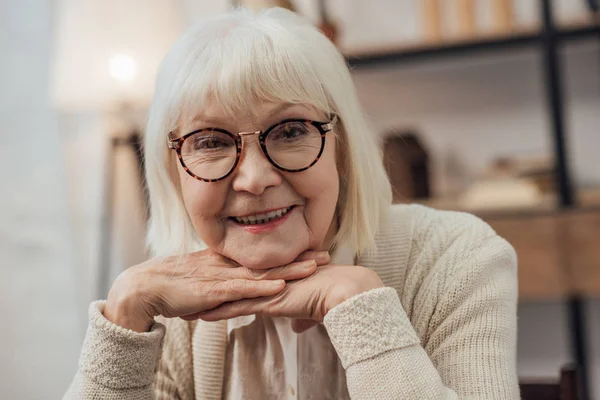 Gelukkig Senior Vrouw Met Grijze Haren Stutten Kin Met Handen — Stockfoto