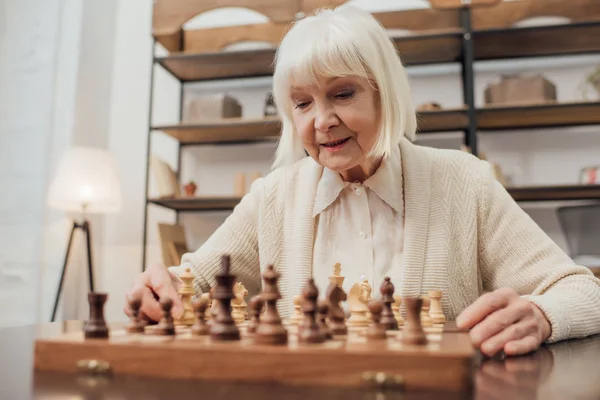 Senior Woman Grey Hair Sitting Table Playing Chess Home — Stock Photo, Image