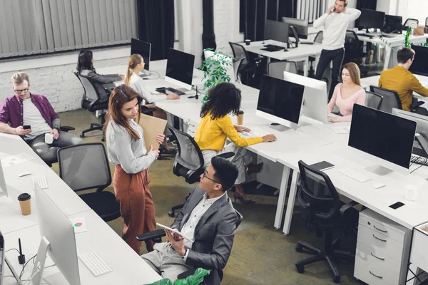 High Angle View Young Multiracial Coworkers Working Talking Open Space — Stock Photo, Image