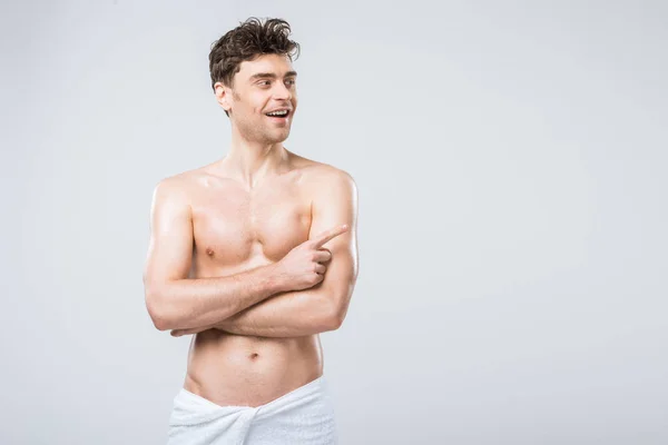 Cheerful Shirtless Man Towel Pointing Something Isolated Grey — Stock Fotó