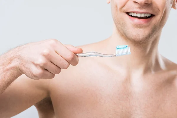 Cropped View Smiling Man Holding Toothbrush Toothpaste Isolated Grey — Stock Photo, Image