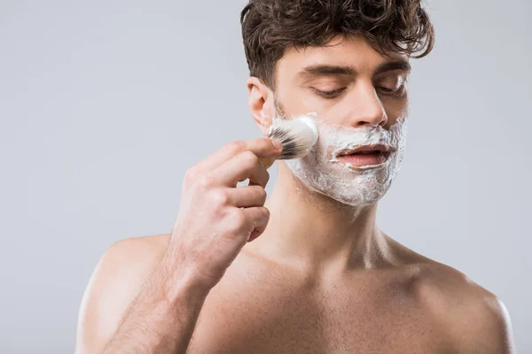 Handsome Man Applying Shaving Foam Brush Isolated Grey — Stock Photo, Image