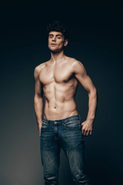 sexy macho in jeans posing isolated on dark grey