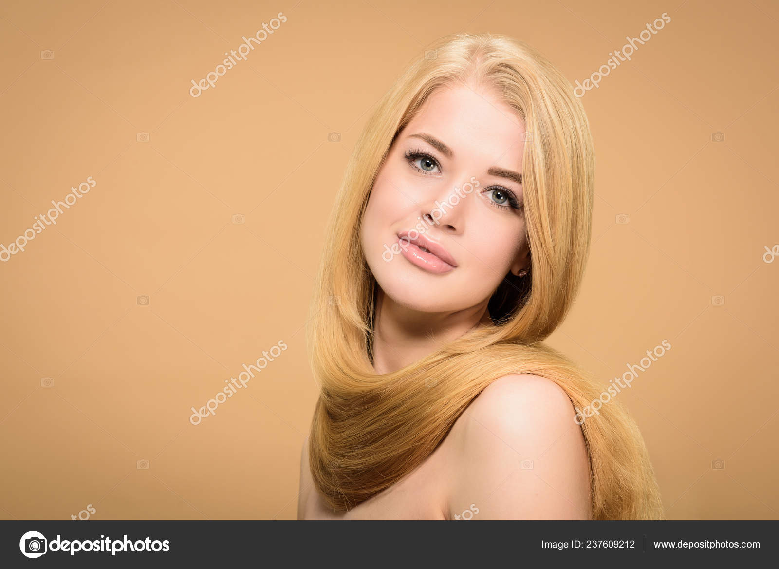 Front View Girl Shiny Blonde Hair Neck Stock Photo