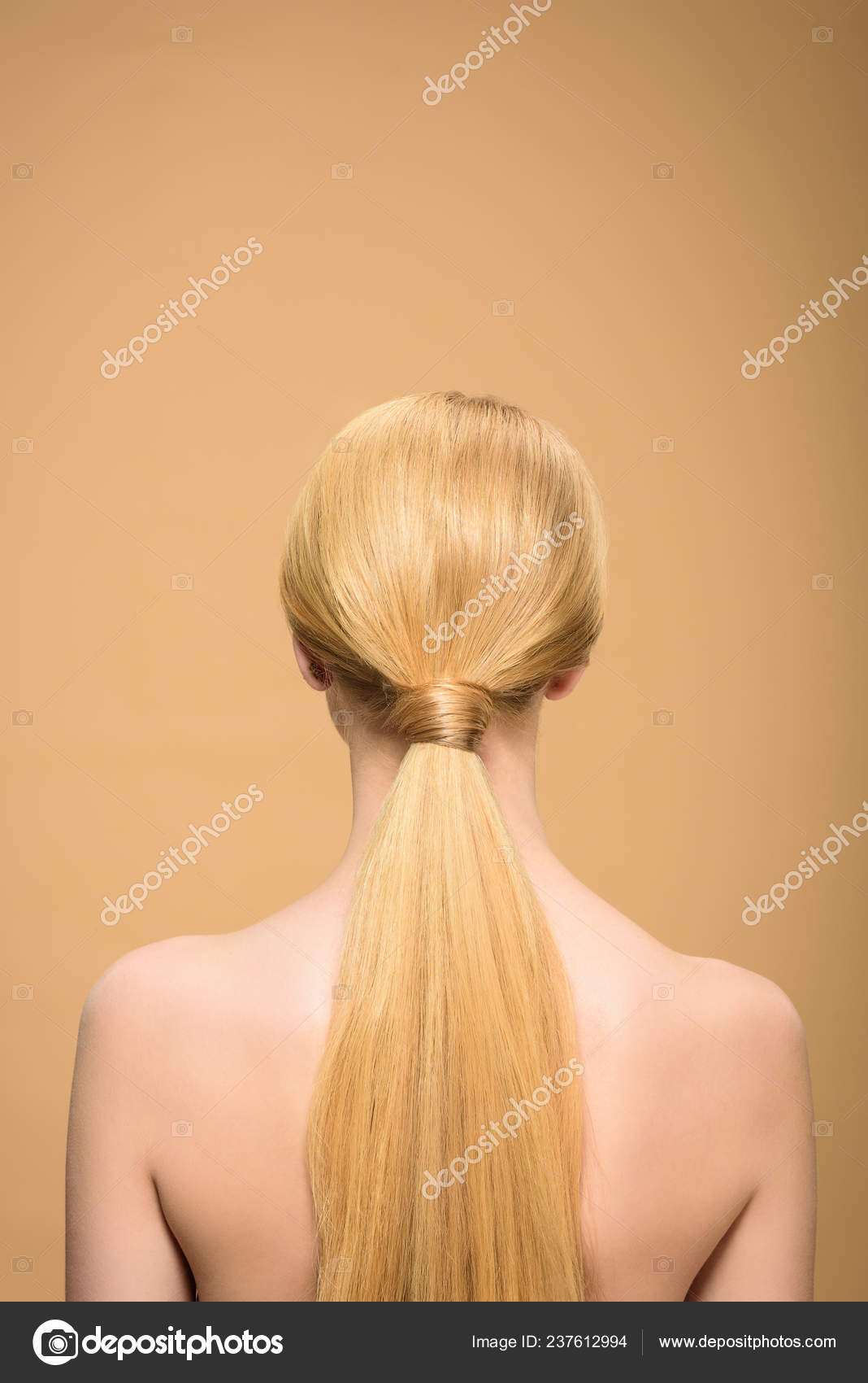 Back View Naked Blonde Girl Long Straight Hair Isolated Beige