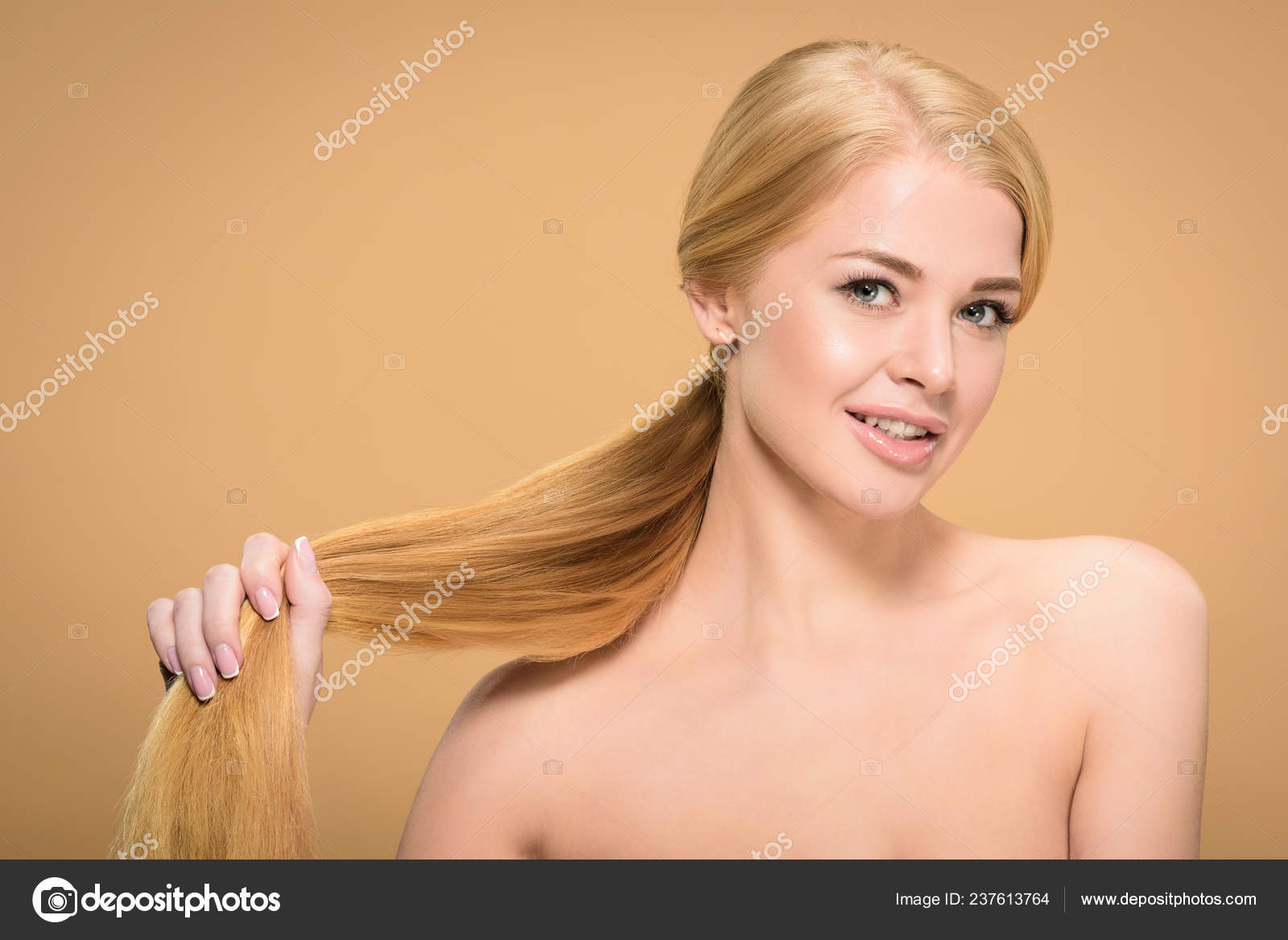Beautiful Naked Blonde Girl Holding Long Straight Hair Smiling Camera Stock  Photo by ©AllaSerebrina 237613764
