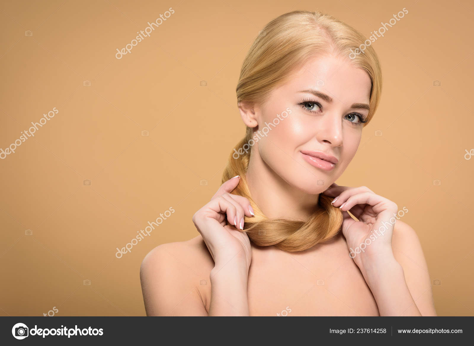 Attractive Naked Woman Holding Long Blonde Hair Neck Smiling