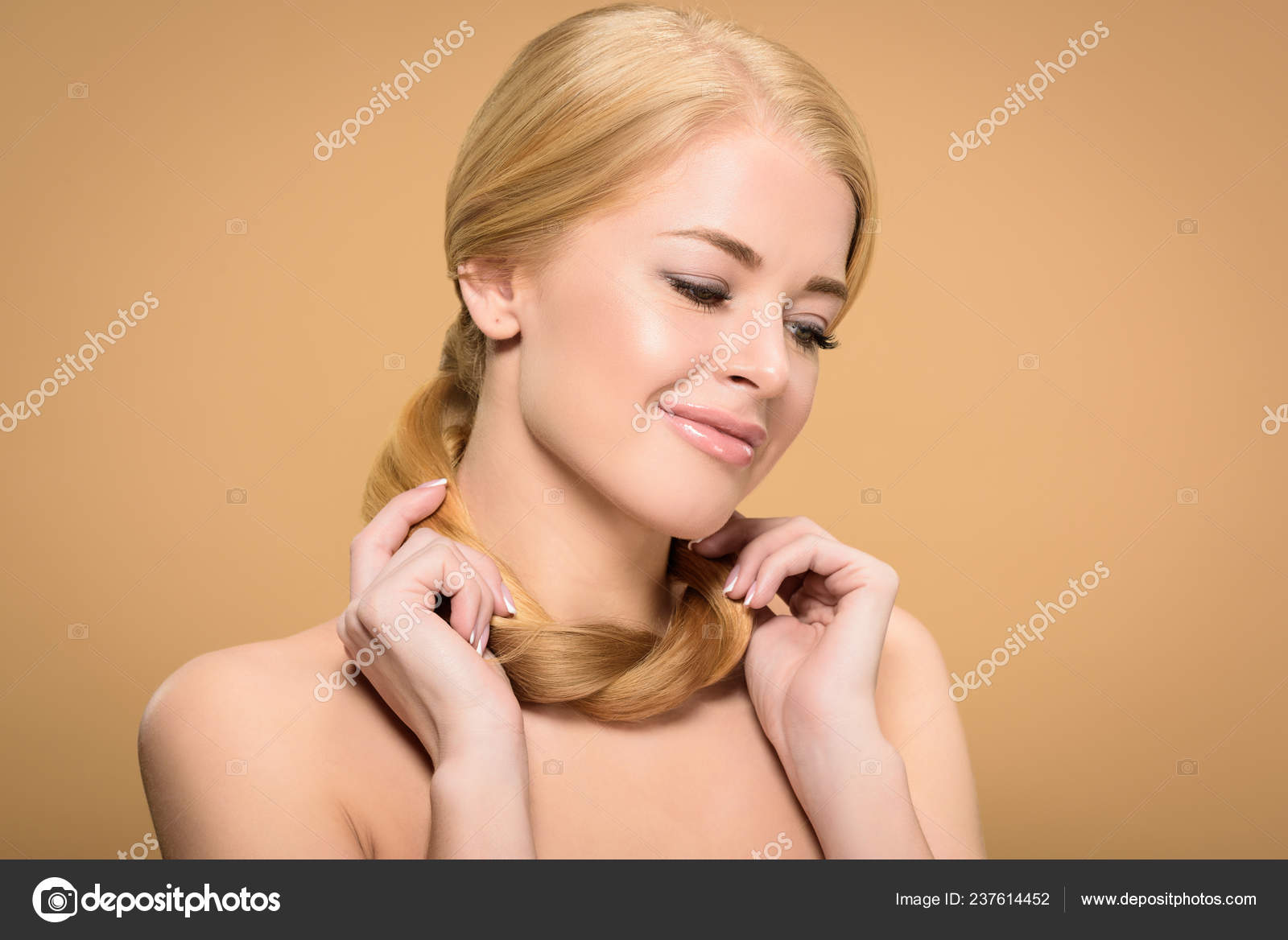 Beautiful Smiling Naked Girl Holding Blonde Hair Neck Looking