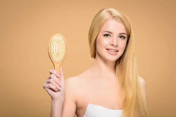 Charming Girl Holding Wooden Hair Brush Sincere Smile — Stock Photo, Image