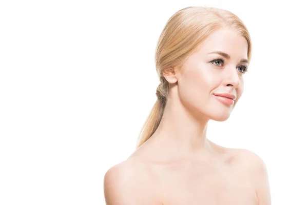 Beautiful Naked Blonde Woman Smiling Looking Away Isolated White — Stock Photo, Image