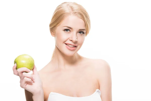 Beautiful Happy Blonde Girl Holding Fresh Apple Smiling Camera Isolated — Stok fotoğraf