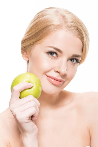 Piękna Młoda Kobieta Nagi Gospodarstwa Świeże Zielone Jabłko Uśmiecha Się — Zdjęcie stockowe