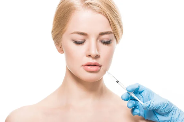 Beautiful Naked Woman Receiving Beauty Injection Face Looking Isolated White — ストック写真