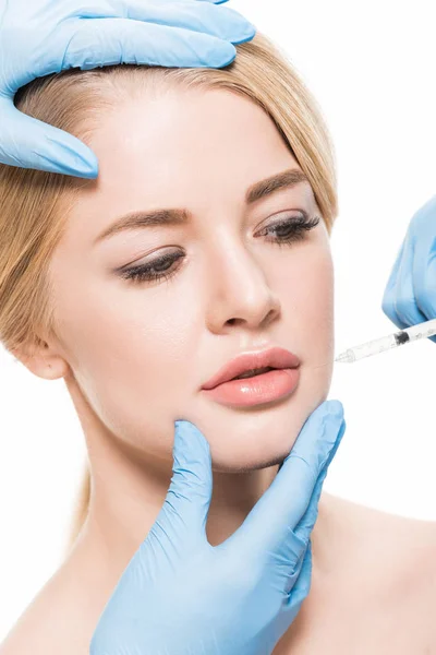 Cropped Shot Cosmetologists Making Beauty Injection Young Woman Isolated White — Stock Photo, Image