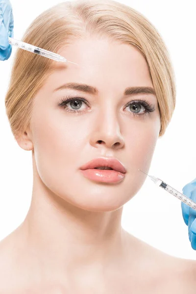 Beautiful Young Woman Receiving Beauty Injections Face Isolated White — Stock Photo, Image