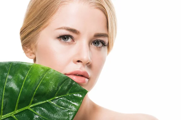 Mooie Blonde Meisje Met Groene Tropische Blad Buurt Van Gezicht — Stockfoto