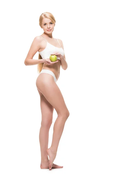 Full Length View Beautiful Slim Girl Holding Fresh Apple Looking — 스톡 사진