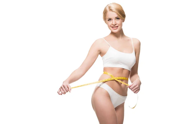 Beautiful Slim Girl White Underwear Holding Measuring Tape Waist Smiling — Stock Photo, Image