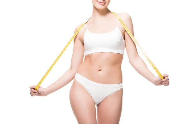 Cropped Shot Smiling Slim Girl White Underwear Holding Measuring Tape — Stock Photo, Image