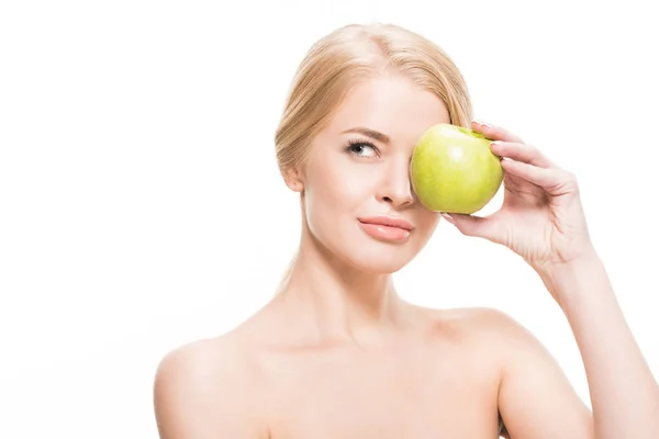 Naked Blonde Girl Holding Green Apple Eye Looking Away Isolated Royalty Free Stock Photos