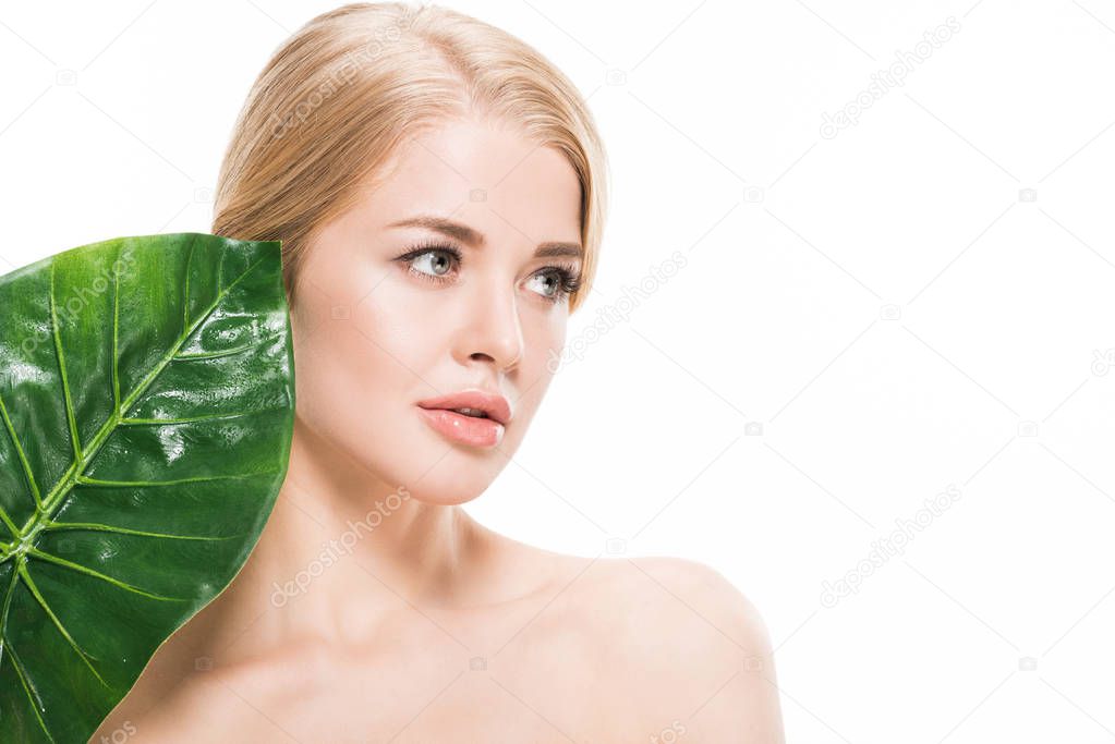 atractiva chica desnuda con hoja tropical verde mirando hacia otro lado aislado en blanco 2023