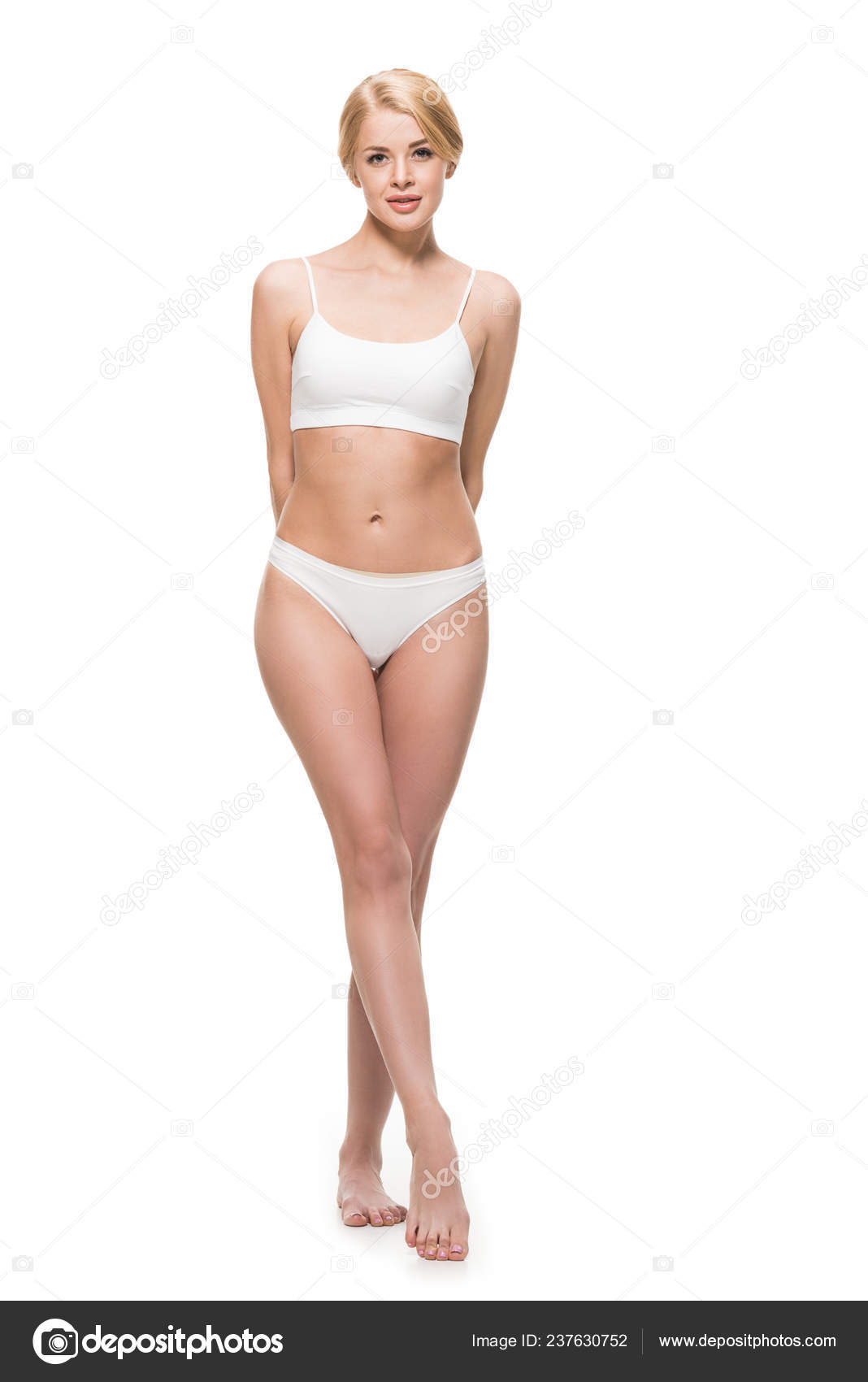 Full Length View Beautiful Slim Girl Underwear Standing Looking Camera  Stock Photo by ©AllaSerebrina 237630752