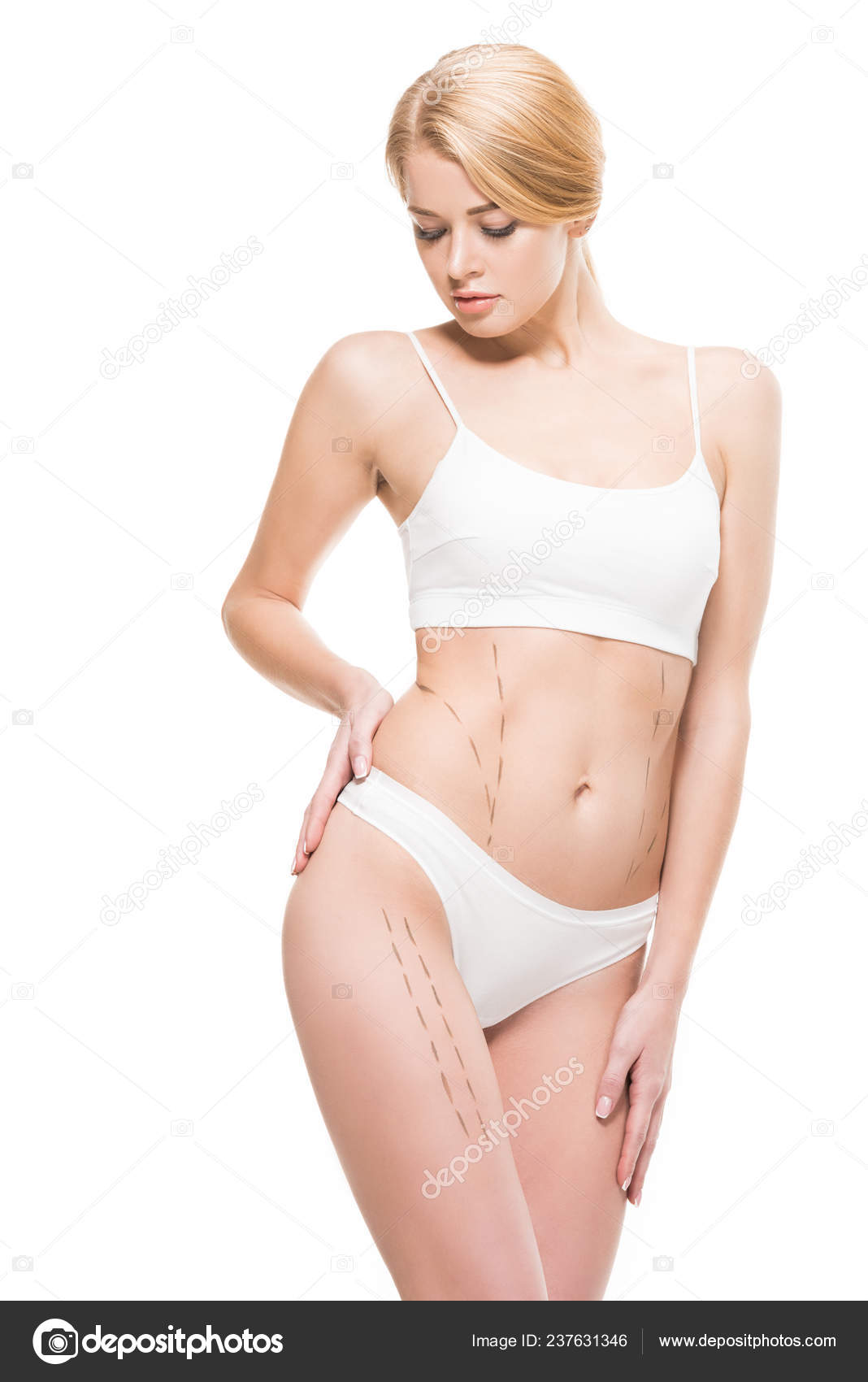 Young Woman White Underwear Looking Correcting Marks Body