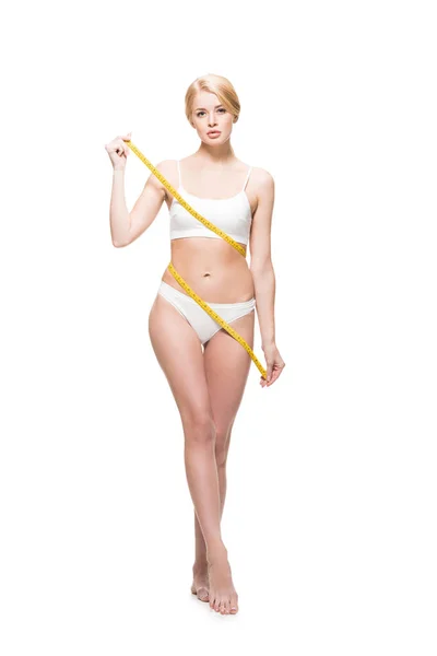 Full Length View Young Slim Woman Underwear Holding Measuring Tape — 스톡 사진