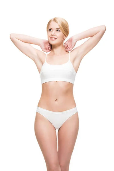 Attractive Smiling Slim Girl White Underwear Looking Away Isolated White — Stock Photo, Image