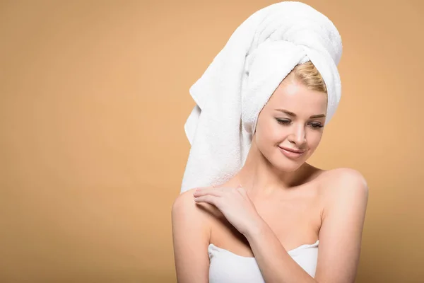 Beautiful Smiling Young Woman Towel Head Touching Shoulder Looking Isolated — Stock Photo, Image